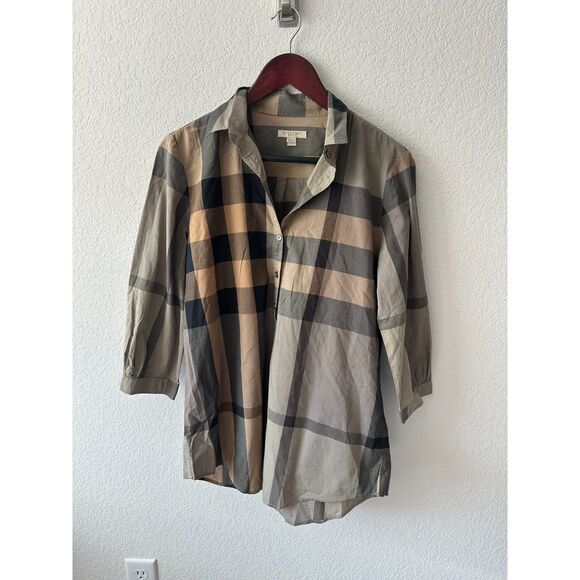 Burberry Brit Plaid Print Mock Neck Button-Up Top - Picture 1 of 8